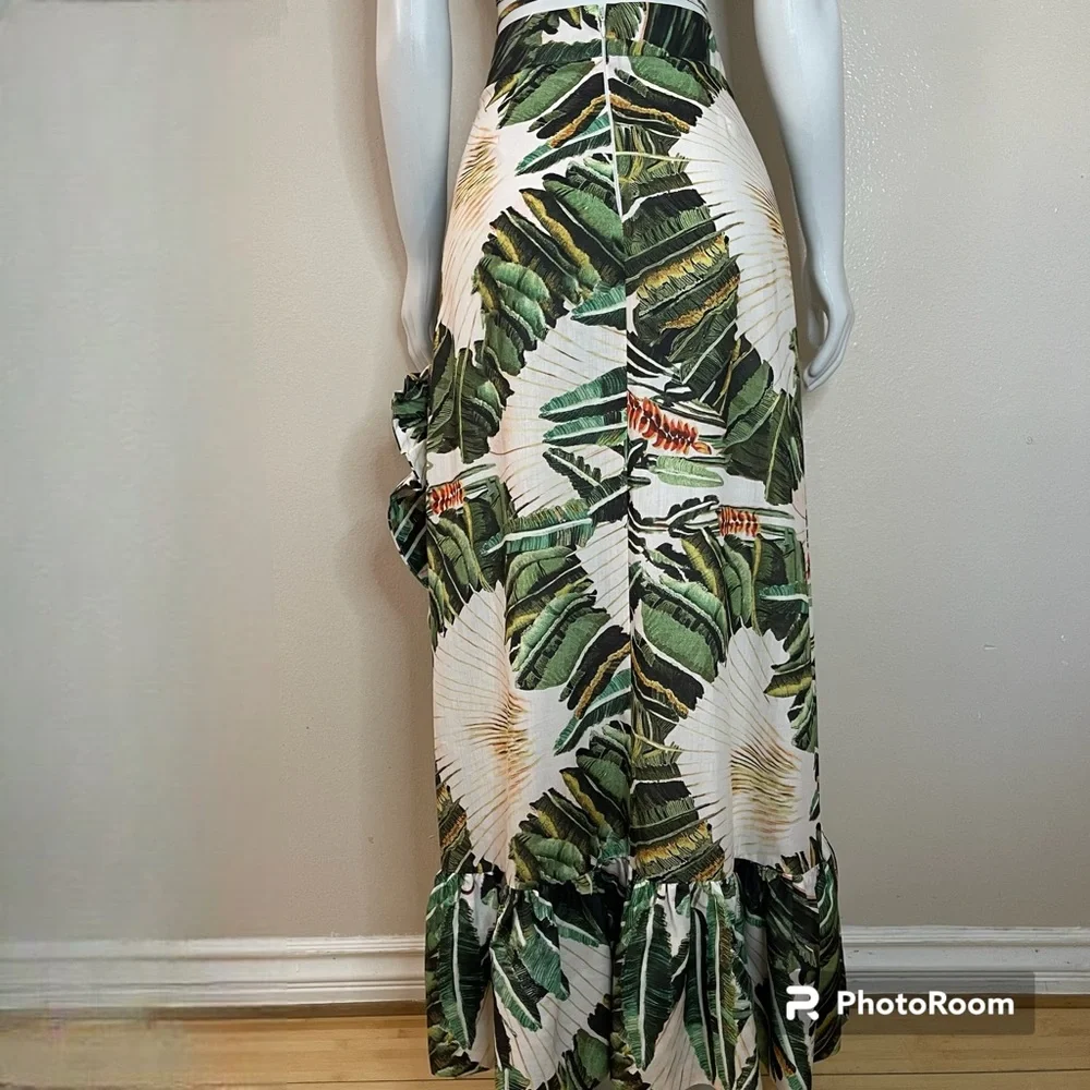 Green multi smocked back ruched crop top split thigh midi skirt set